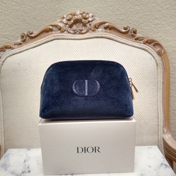 Dior Trousse Pouch Makeup Bag Navy Blue Velvet Gold Zipper - Picture 1 of 12